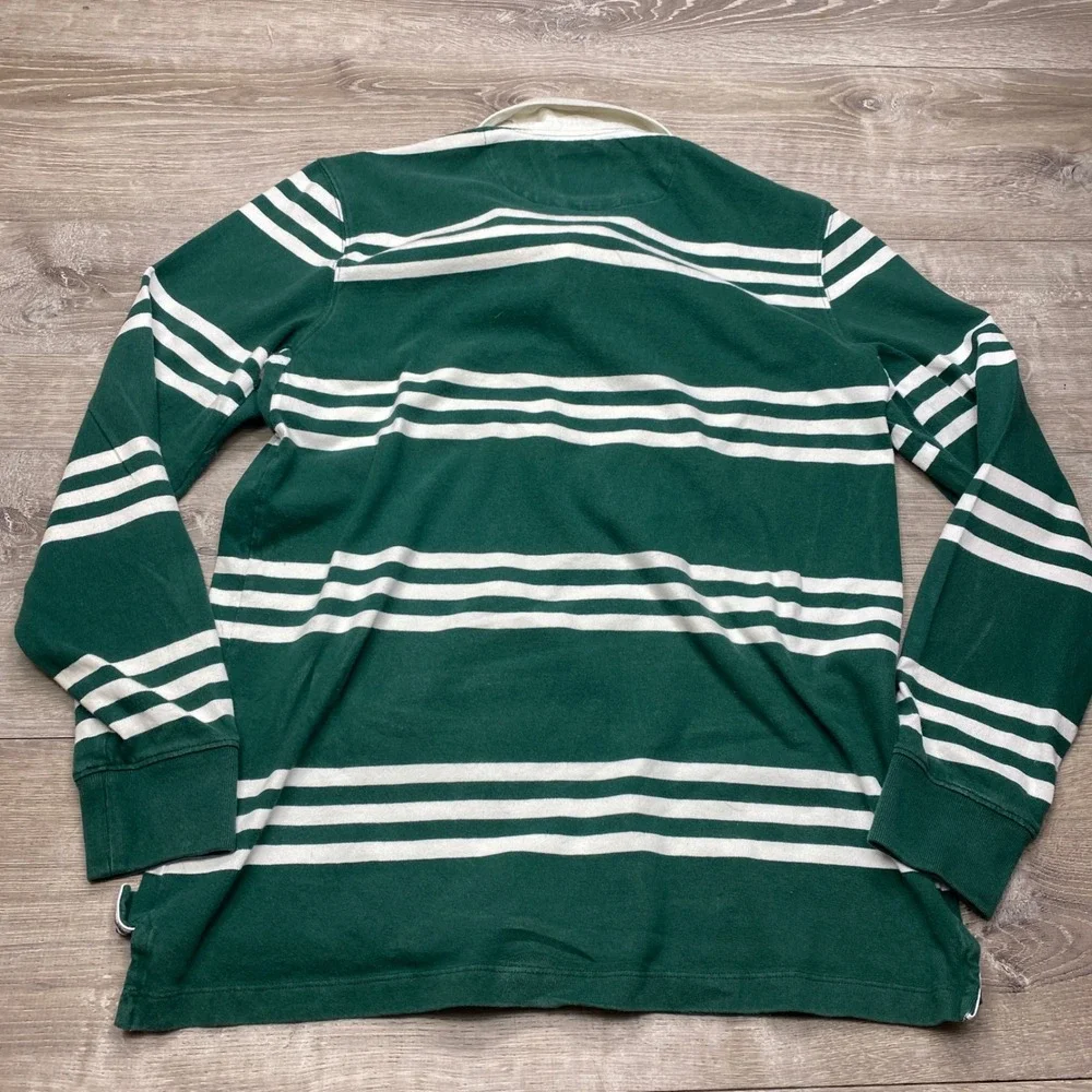 Lands End Rugby Shirt Mens Med Tall 100% Cotton Green White Stripe Long Sleeve - Picture 4 of 8